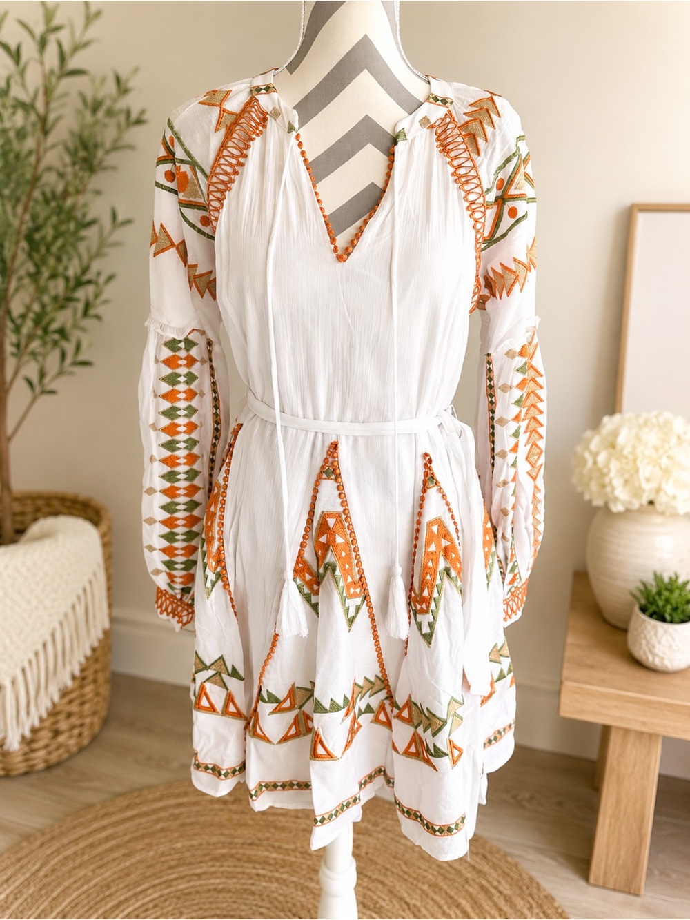 🆕NWT Hale Bob orange and olive embroidered detailing on white rayon gauze fabric